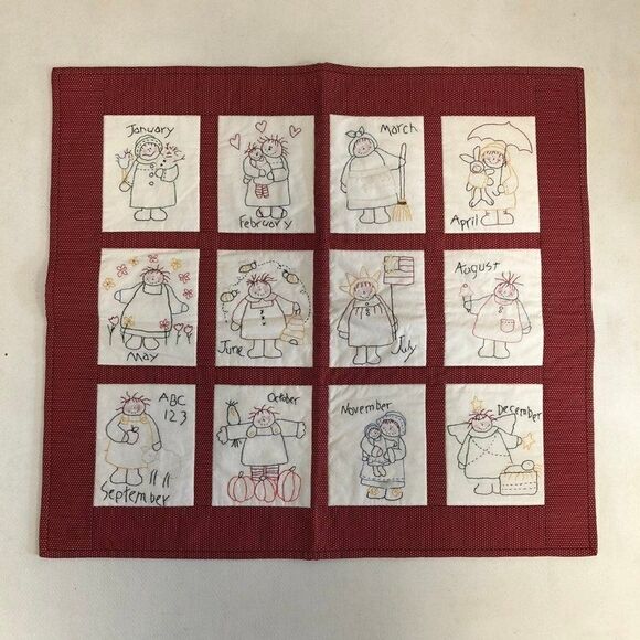 Handmade Kids Quilt 12 Months Embroidery Calendar Vintage Theme - Picture 1 of 8